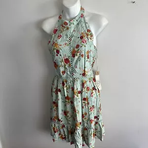 Sunday Mi Amor Kleid Cut Out Rückenfrei Neckholder Grün Blumen M Ösen Rüschen Neu - Bild 1 von 5