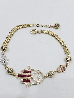 Real 14k gold heart red hamsa hand bracelet 7-7.75 inches long 2 ct adjustable  - Image 1 of 4