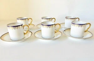 SEI PREGIATE LIMOGES FRANCESI C AHRENFELDT BLU COBALTO E ORO PORCELLANA DEMITASSE SET - Foto 1 di 9