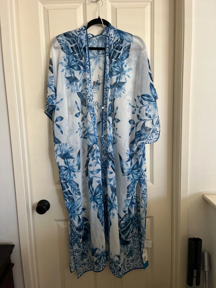 Nuevo H&M Largo Semi Transparente Cubierta Azul y Blanco Talla Única Túnica Botón Delantero Foto 1 de 4