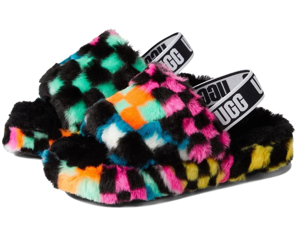 UGG Fluff Yeah слайд чек шахматная доска плюшевый ремень назад тапочки сандалии новый - Изображение 1 из 1