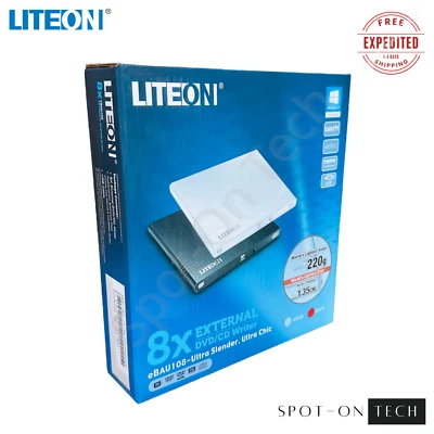 LITE-ON 8x External DVD/CD Writer Drive Black eBAU108 Ultra Slender M-Disc 2022 - Image 1 of 4