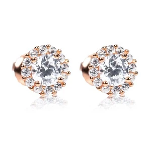 Men's Women's Small Round Cut Halo Rose Gold 925 Sterling Silver Stud Earrings - Picture 1 of 7