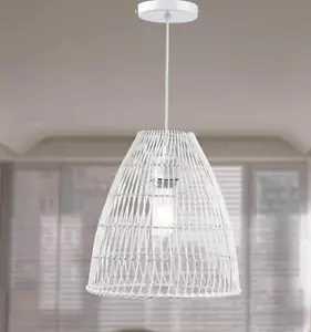 NEW White Boho Wicker Rattan Dimmable 13"x13" Hanging Pendant Light Fixture - Picture 1 of 5