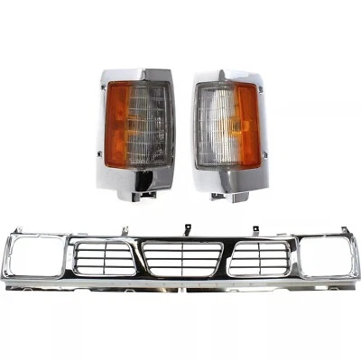 Front Chrome Grille + Left Right Corner Lights For 1995-1997 Nissan Pickup 3PCS - Image 1 of 4