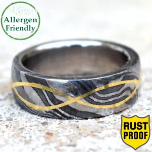 Anillo de acero de Damasco con incrustación de oro infinito de 1 mm personalizado manga plateada - Imagen 1 de 11