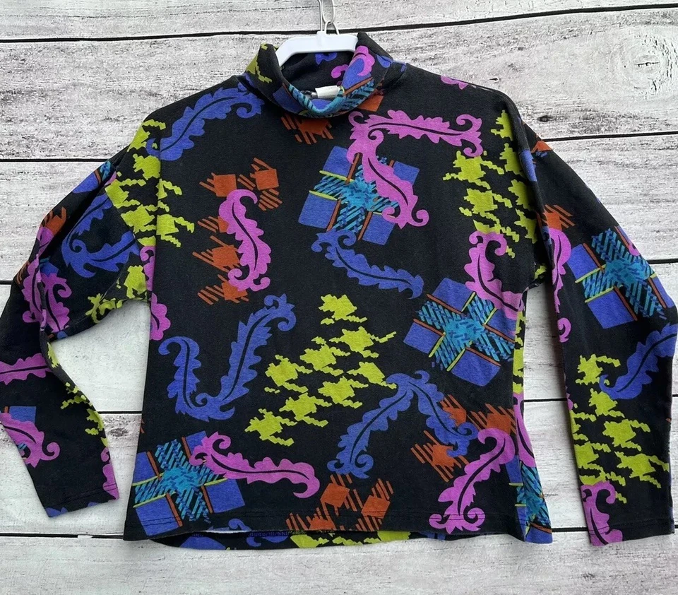 Suéter Obermeyer Mujer Grande Cuello Alto Años 90 Y2K Hecho en EE. UU. Negro Neón Foto 1 de 4