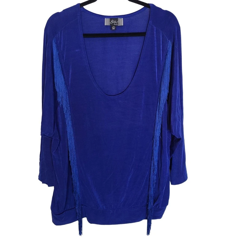 Blusa Top Slinky Brand Para Mujer 2X Azul Borde con Flecos Mangas Largas Cuello Redondo Foto 1 de 4