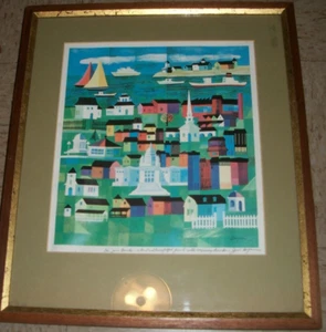Vintage Signed Art Print by JIM DUGAN oceanside town w harbor Framed 19x17 - Picture 1 of 9