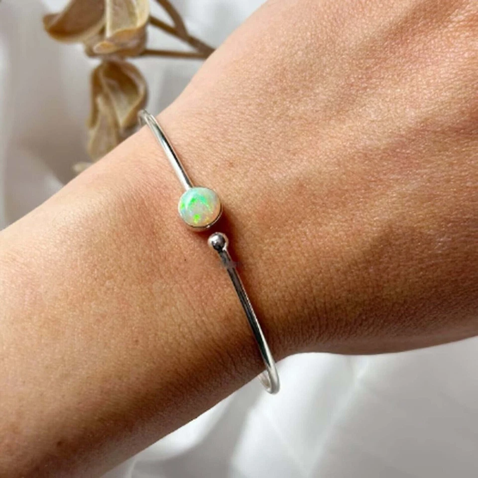 Handmade Ethiopian Opal 925 Silver Cuff Bracelet Adjustable Customizable Stones - Image 1 of 4