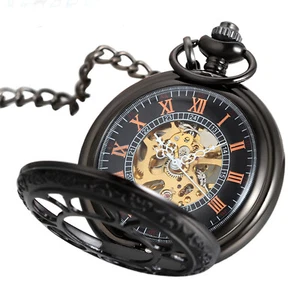 Mens Hallow Pocket Watch Mechanical Black Steampunk Skeleton Retro Chain Luxury - Picture 1 of 10