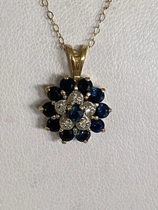 14k Solid Gold Natural Sapphire & Diamond Pendant Necklace 44 cms - Picture 1 of 15