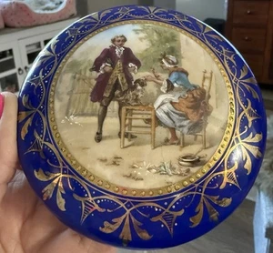 Antique Royal Vienna Porcelain Trinket Box Man Woman Dog Cobalt Blue Gold 5” - Picture 1 of 13
