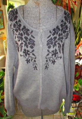 Ladies Gray Sweater Crazy Horse Size L Black Flowers Button Up - Image 1 of 4