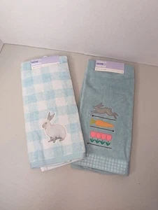 Celebrate Easter Embroidered Gingham Bunny Carrot Floral Cotton Hand Towels - Picture 1 of 6