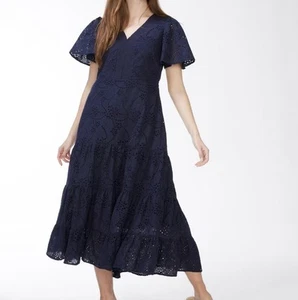 Chico’s Women’s Eyelet Flounce Sleeve Dress Navy Blue Cotton Embroidered Sz 16 - Picture 1 of 17