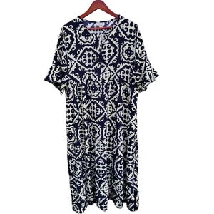 Boho Ikat Print Maxi Dress Navy White Short Sleeve Loose Fit Size XL/XXL long - Picture 1 of 7