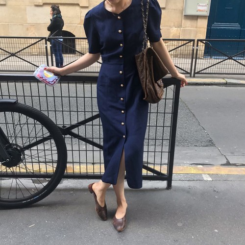 OFF WHITE Abito donna stile francese retrò bottoni manica corta cotone lino medio lungo tubino