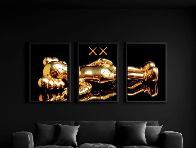 Set of 3 Gold Kaws Laying Art pieces canvas wall home decor Portrait Gallery - Image 1 of 4