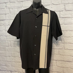 Anchor Blue Vtg 90s Button Down Collard Bowling Shirt Mens Sz L Black & Beige - Foto 1 di 16