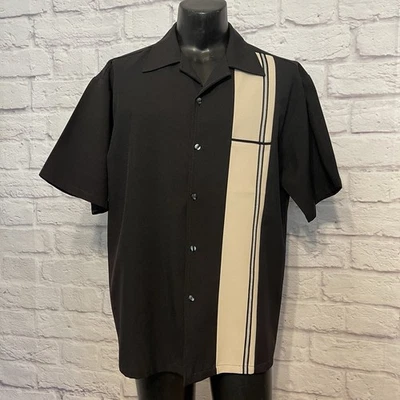 Anchor Blue Vtg 90s Button Down Collard Bowling Shirt Mens Sz L Black & Beige - Image 1 of 4