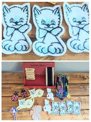 Vintage Lot 50s 60s Sew On Patches Appliques Cat Kitten Bear Bug Misc Sewing Kit - Image 1 of 4
