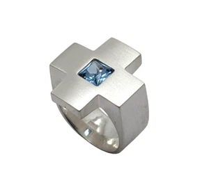 Anello croce in argento 925, misura 61 pietra azzurra - Foto 1 di 4