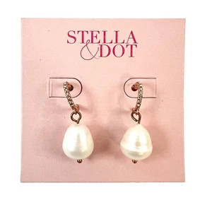 Stella & Dot Modern Bohemian Pearl Huggies Dangle Earrings Rhinestone Rose Gold - Picture 1 of 7