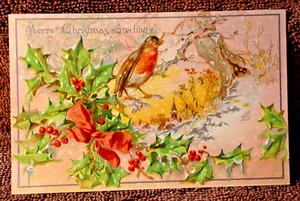 Cartolina d'epoca NATALE Tuck's Holly Best Cards serie n. 100 pettirossi in rilievo - Foto 1 di 2