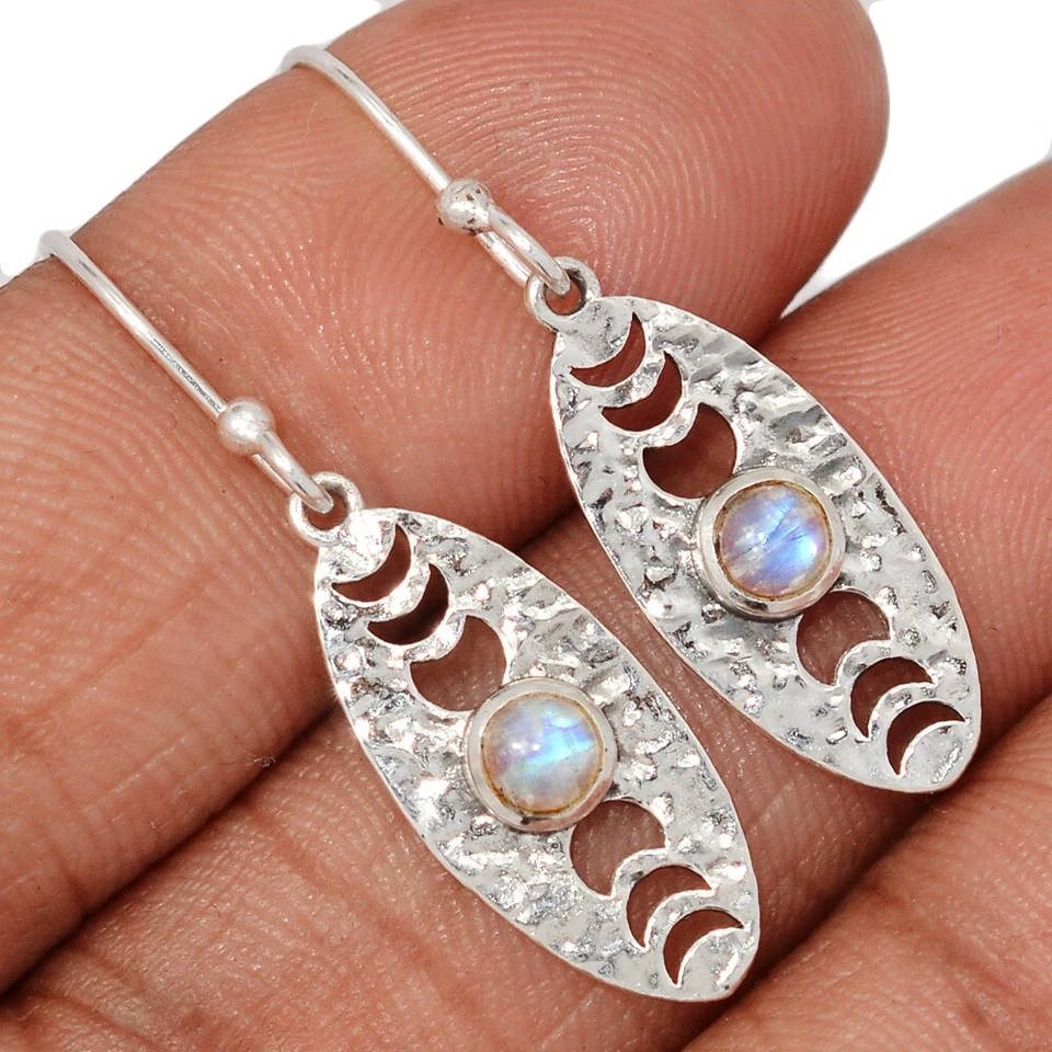 Phases Of Moon - 天然彩虹月光石 - 印度 925 银耳环 CE49451 — 第 1/1 张图片
