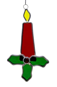 Suncatcher Leaded Glass Red Candle Green Holly Leaves Red Berry Christmas - Picture 1 of 2