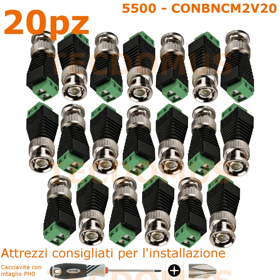 20 Pz Connettore BNC maschio 2 poli a vite per cavo coassiale RG59 e RG174 - Immagine 1 di 1