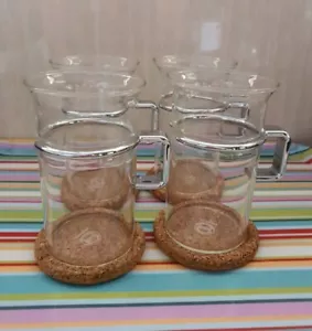 4 Vintage BODUM Bistro Coffee MUGS w Silver Handles & Cork Coasters Denmark VGC - Picture 1 of 7
