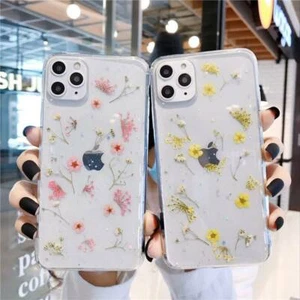 For iPhone 11 12 Pro Max SE XS 7 8 XR Glitter Real Case Cover Clear Dried Flower - Picture 1 of 12