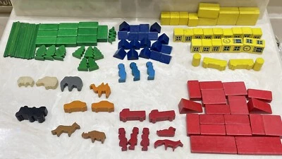 Lote de mini bloques de juguete de construcción de madera alemanes mezclados verde azul rojo amarillo Foto 1 de 4