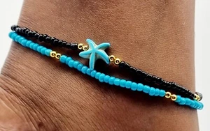 Set of 2 Elastic Turquoise and Black ankle bracelet anklet With Star Charm 25cm - Picture 1 of 1