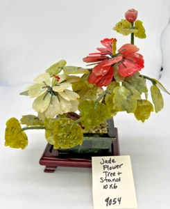jade bonsai Pink flower tree semi precious stone leaves Rosewood stand Vintage - Picture 1 of 12