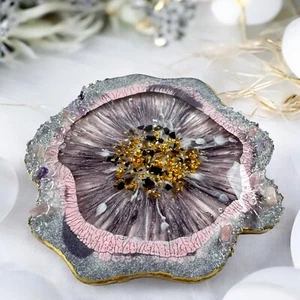 Resin Tablett Rund Silber mit Edelsteinen, Hochzeitsgeschenk Dekoteller - Bild 1 von 10