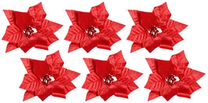 Clip On Christmas Flower Tree Decorations - 21cm Red Poinsettia - Set of 6 - Picture 1 of 2