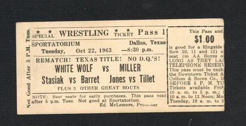 RARE 1963 Wrestling ticket WHITE WOLF vs MILLER Stasiak Barret Jones Tillet Cover