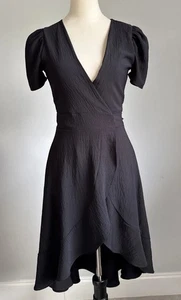 Schwarzes Wickelkleid mit Puffärmeln Damen S V-Ausschnitt Tulpensaum Krepp Cocktail Party " - Bild 1 von 6