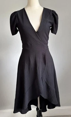 Vestido envolvente negro manga abullonada para mujer cuello en V dobladillo de tulipán crepé fiesta de cóctel Foto 1 de 4