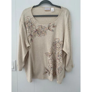 Alfred Dunner Beige Embroidered Floral Knit Top Woman Size 2X Long Sleeve - Picture 1 of 4