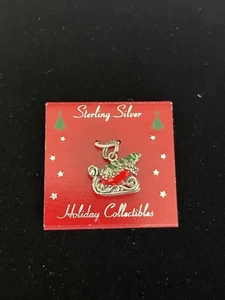 Christmas Holiday Santa Sleigh Pendant Charm Sterling Silver w/ Enamel Accent - Picture 1 of 10
