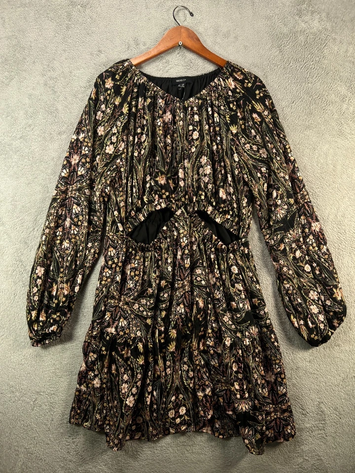 FOREVER 21 Womens Plus 2X Black Floral Dress Cut Outs Long Sleeve Chiffon Lined - Image 1 of 4