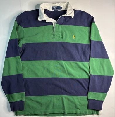 Vintage Polo Ralph Lauren Rugby Shirt S Green Navy Stripe Heavy Cotton 90s Y2K - Image 1 of 4
