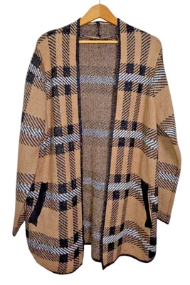 Cárdigan Adrienne Vitadini MUJER GRANDE USADO TOSTADO/NEGRO A CUADROS ABIERTO DELANTERO Foto 1 de 4