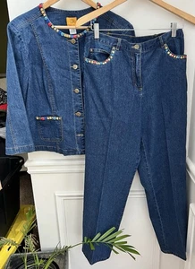 Ruby Rd. Women’s Y2K Denim Jacket & Pants Set w/Beads & Sequin Accents Size 12 - Picture 1 of 11