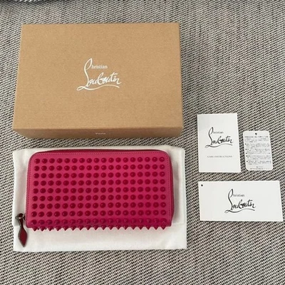 Christian Louboutin Auténtica Cartera Larga Doble Cartera Rosa Pico Tachuelas Cremallera Roja Foto 1 de 4
