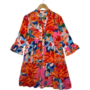 Abito donna Q2 piccolo arancione rosa floreale astratto tropicale manica 3/4 hawaiano - Foto 1 di 13